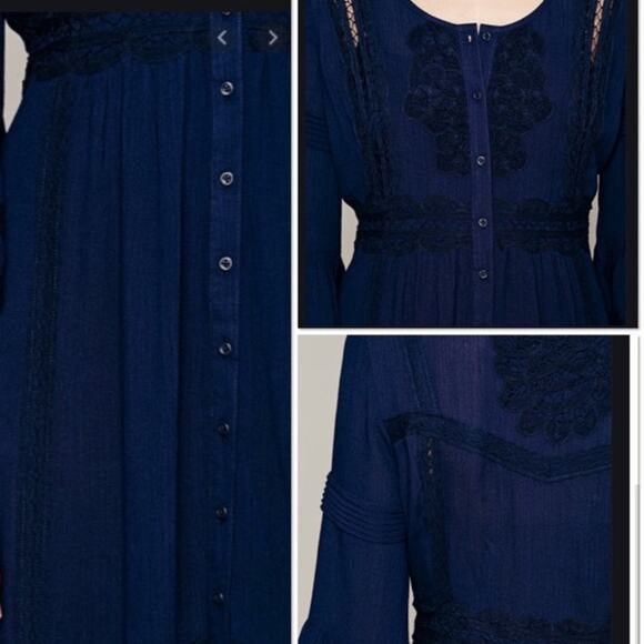 Free People Navy Boho Cottage Core Teared Lace Hi Low Maxi Dress Bell Sleeve 2 - Picture 2 of 16